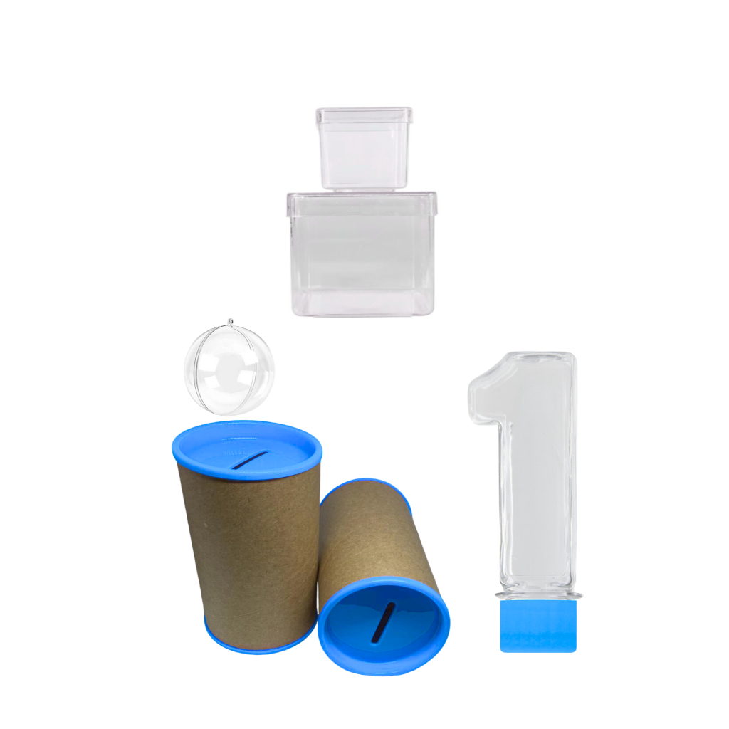 Kit festa 05 Cofrinhos Caixinhas acrilicas duplas 05 4x4 e05 6x6 05 Tubetes nº1 e 05 esfera acrilica