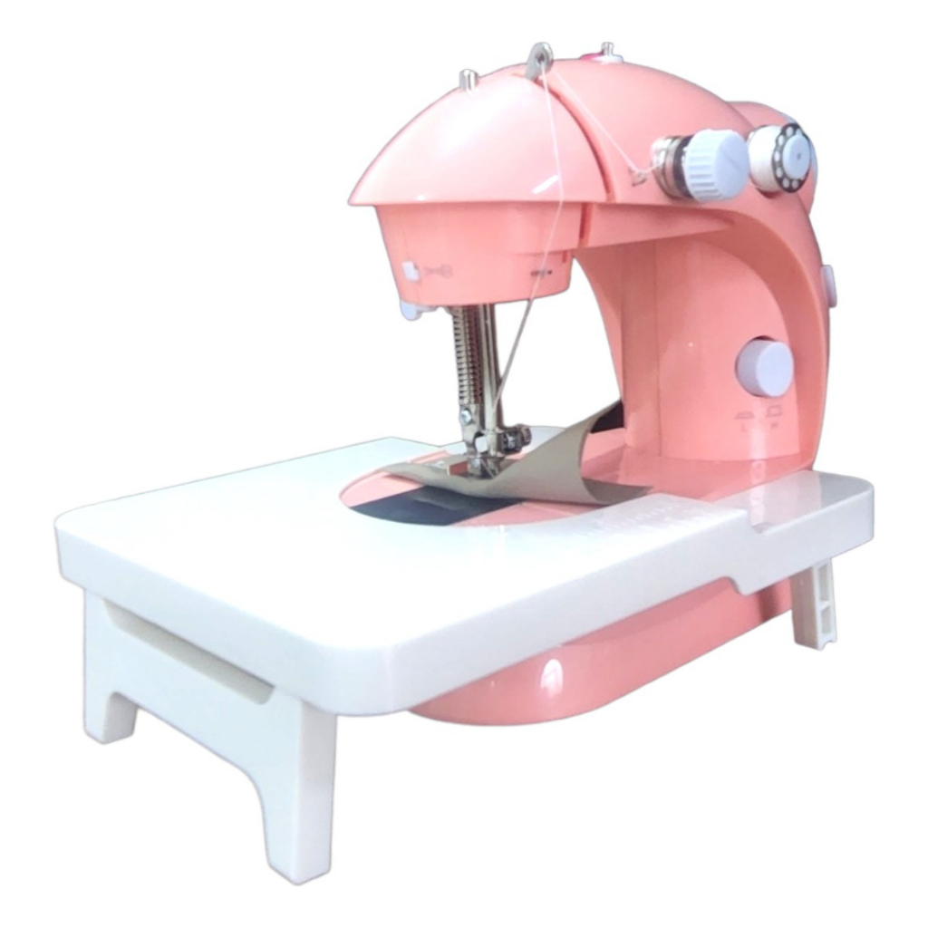 Mini Máquina Costura Elétrica Bivolt Portátil Com Pedal Rosa LMD-202 Lanmax Com Mesa Cor Branco