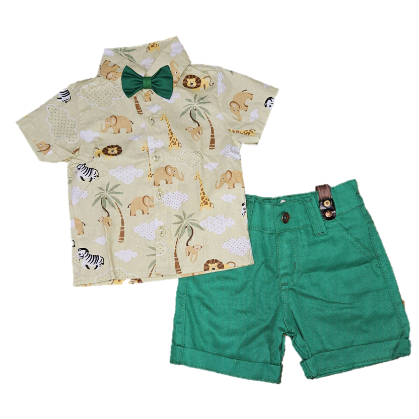 Roupa SAFARI BABY festa menino infantil conjunto Camisa Gravata Bermuda e Suspensório em Oferta na Shopee