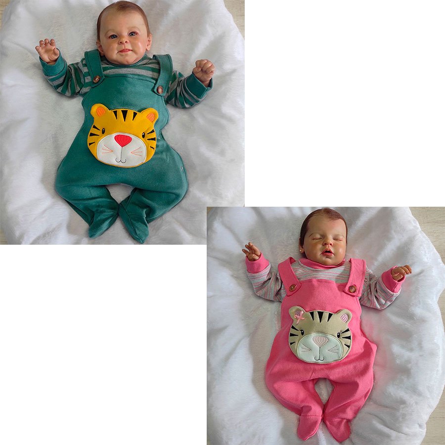 Macacão Manga Longa Bebê Menina/Menino Malha Boomer com Bordado Trigre Verde/Trigresa Rosa