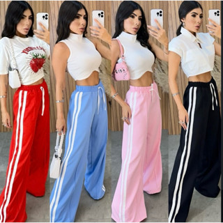 Calça pantalona track pants wid leg, listra lateral, elástico na cintura