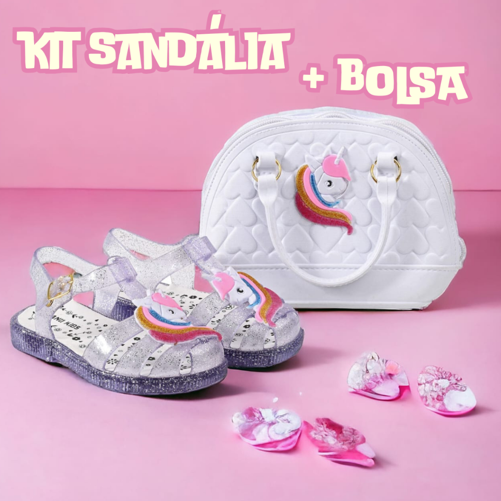 KIT Sandália Infantil Papete Babuche e Bolsa Blogueira Confortável Menina - Passeio Escola Casual