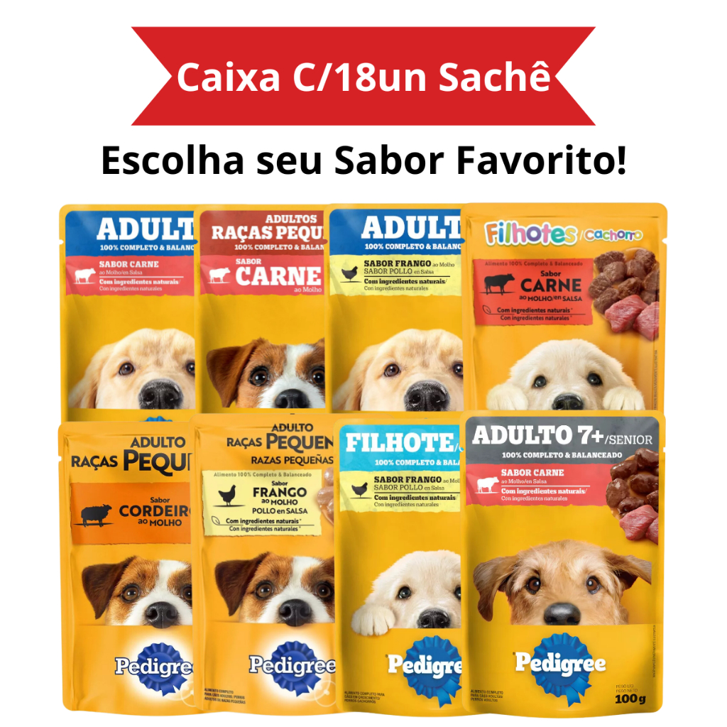 Sachê Pedigree Adulto e Filhote 100g  - Ração Úmida Pedigree Adulto e Filhote 100g - Sachê Cachorro Kit 18un