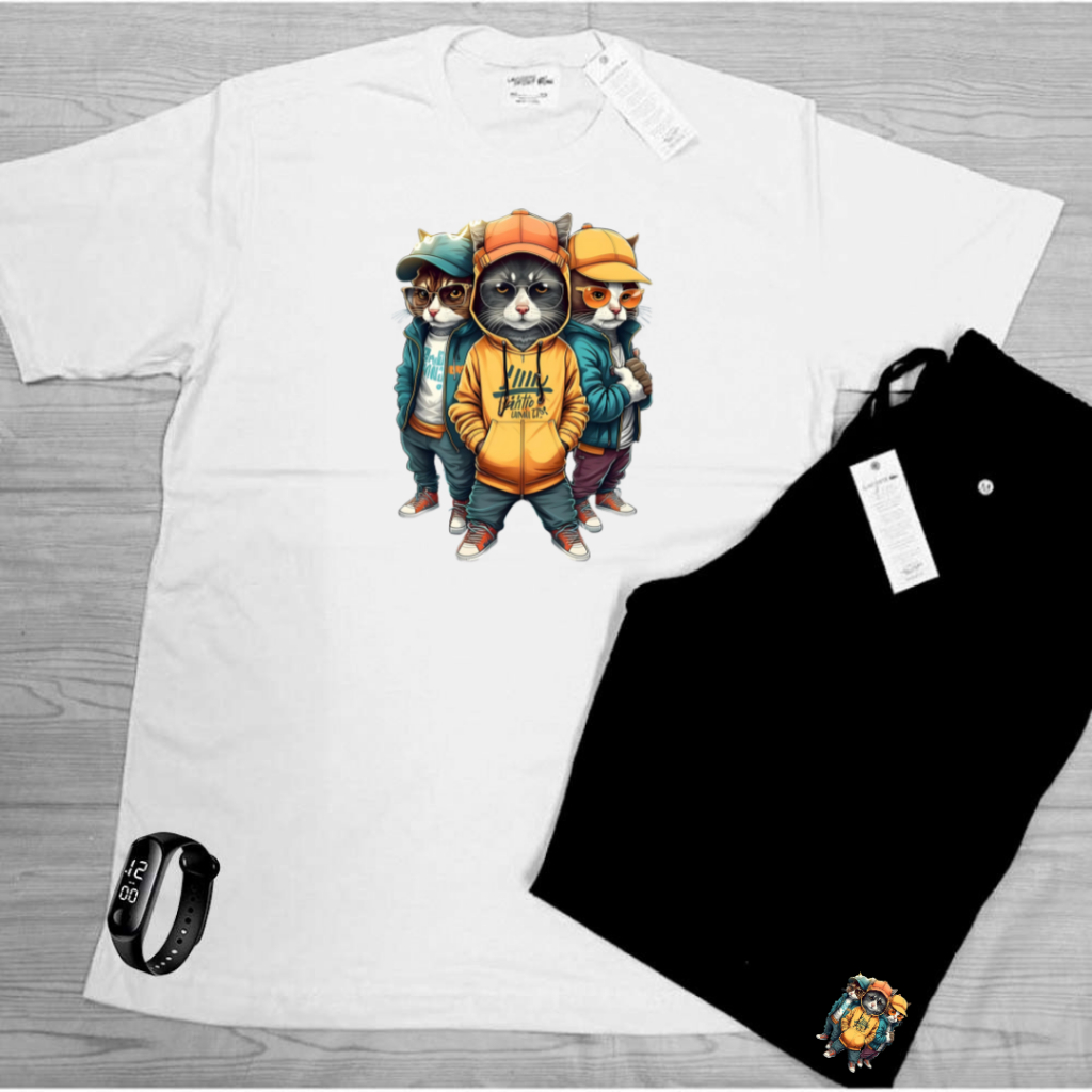 Kit Verão Bermuda e Camiseta algodão caminhada academia produto qualidade GATOS ESTILOSO mais RELOGIO DIGITAL