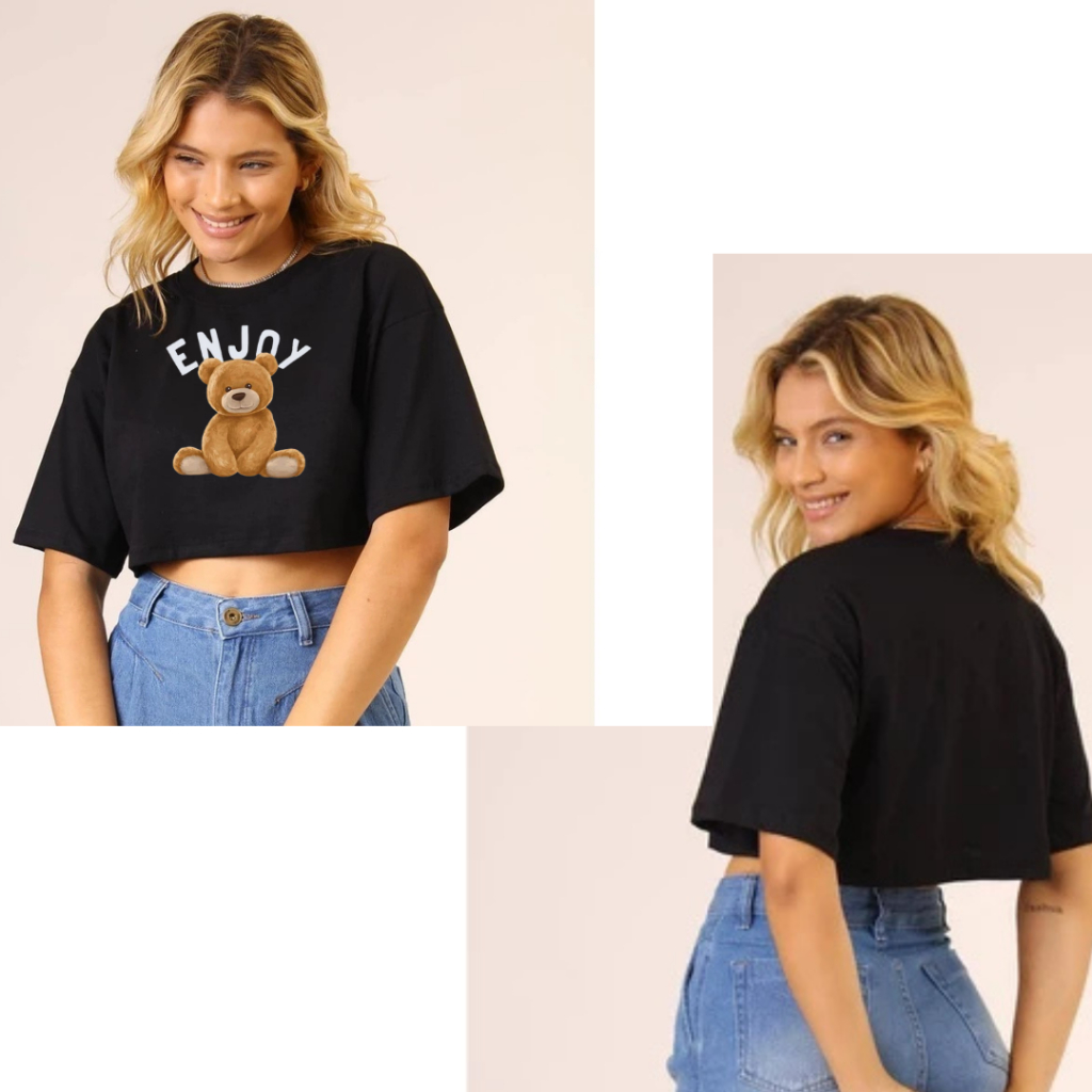 Cropped Feminino Larguinho Estampado Oversized Blusinha Curta Camiseta
