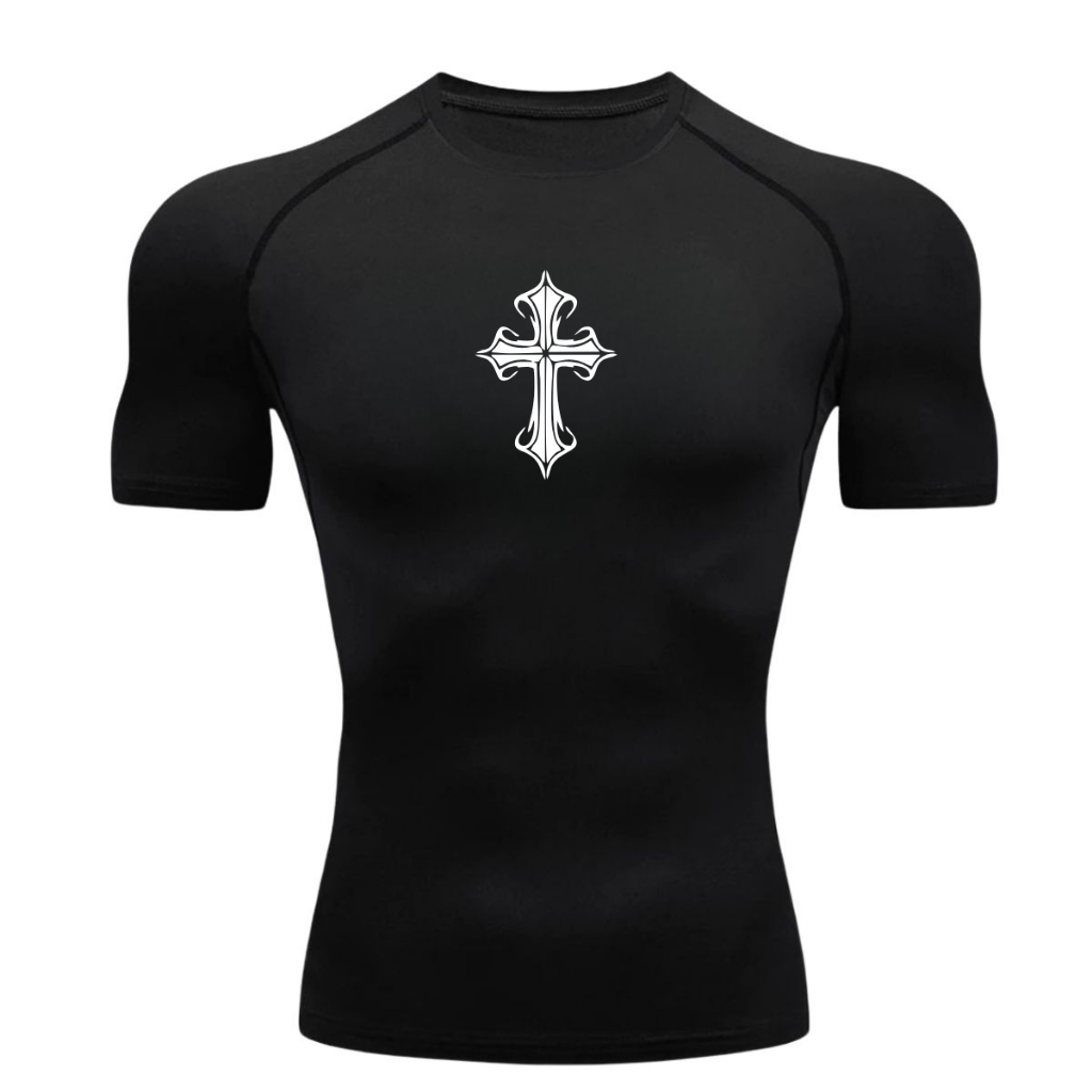 Camisa De Compressão CRUZ 2 Manga Curta Treino Ginástica Camiseta Esportiva Rash Guard