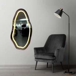 Espelho Orgânico E05 115cmx60cm Moldura Metal com Led Jateado Luz Branca e Amarela