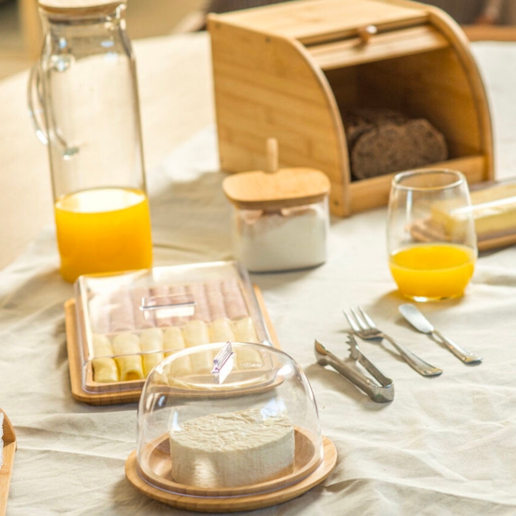 Kit Mesa Posta Bambu  Tampa Acrílico Porta Pão Porta Frios Porta Manteiga Açucareiro Café Da Manhã
