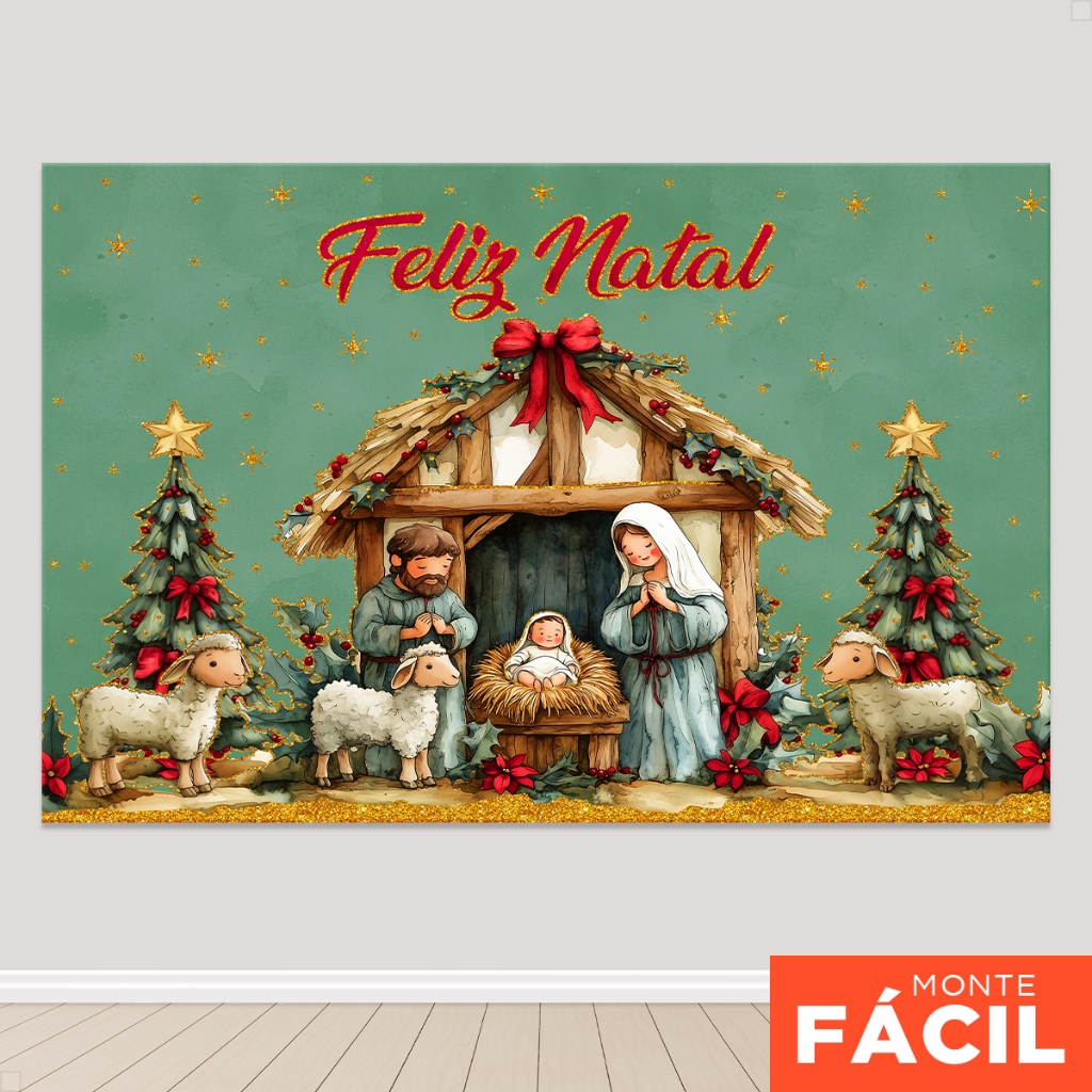 Painel De Natal Presépio Natalino Sublimado Em Tecido Feliz Natal Religioso 3D