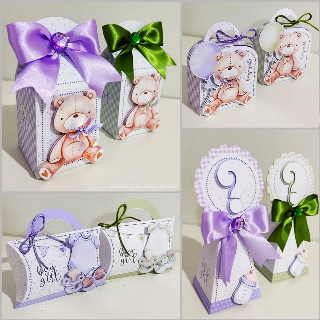 Kit com 5 Caixas Personalizadas Chá Revelação Ursinho Aquarela Lilás e Verde 3D