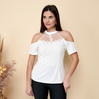 WHS901#Blusa de Ombros Descobertos com Renda e Pérolas: Elegância para o Dia a Dia