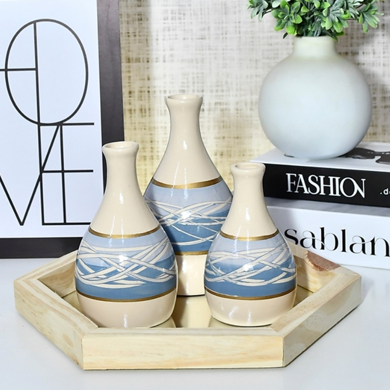 Kit Enfeite 4 Peças Vasos + Bandeja Cerâmica Sala Conjunto Completo Decorativa Trio Rack Centro Mesa