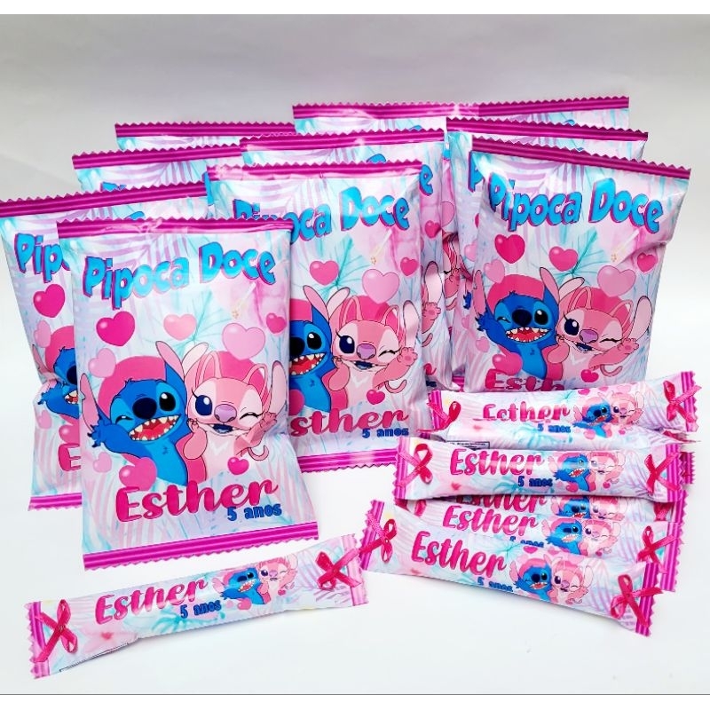 30 Pipocas Doces18g + 30 Jujubas Personalizadas Stitch pipoca festa infantil bala de goma personalizados lembrancinhas