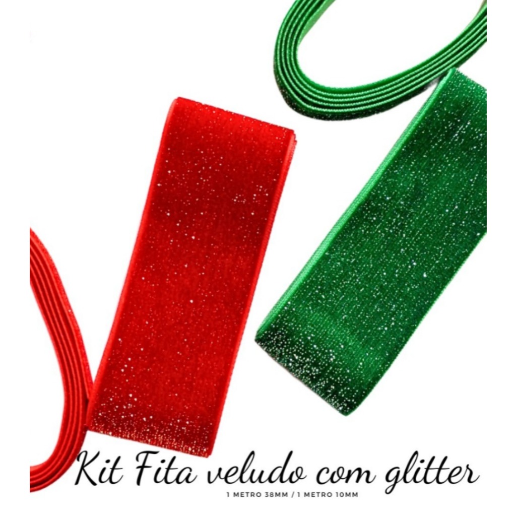 Fita Veludo Esponjada com Glitter – 2 Fitas (10mm e 38mm) | Escolha 1, 2 ou 3 Kits
