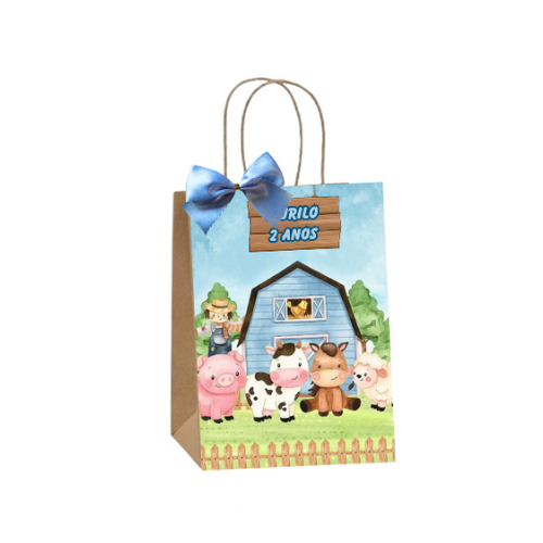 Sacolinhas Kraft Personalizadas Tema Fazendinha Azul Festa de Aniversário Doces Balas Lembrancinhas Acompanha Laço
