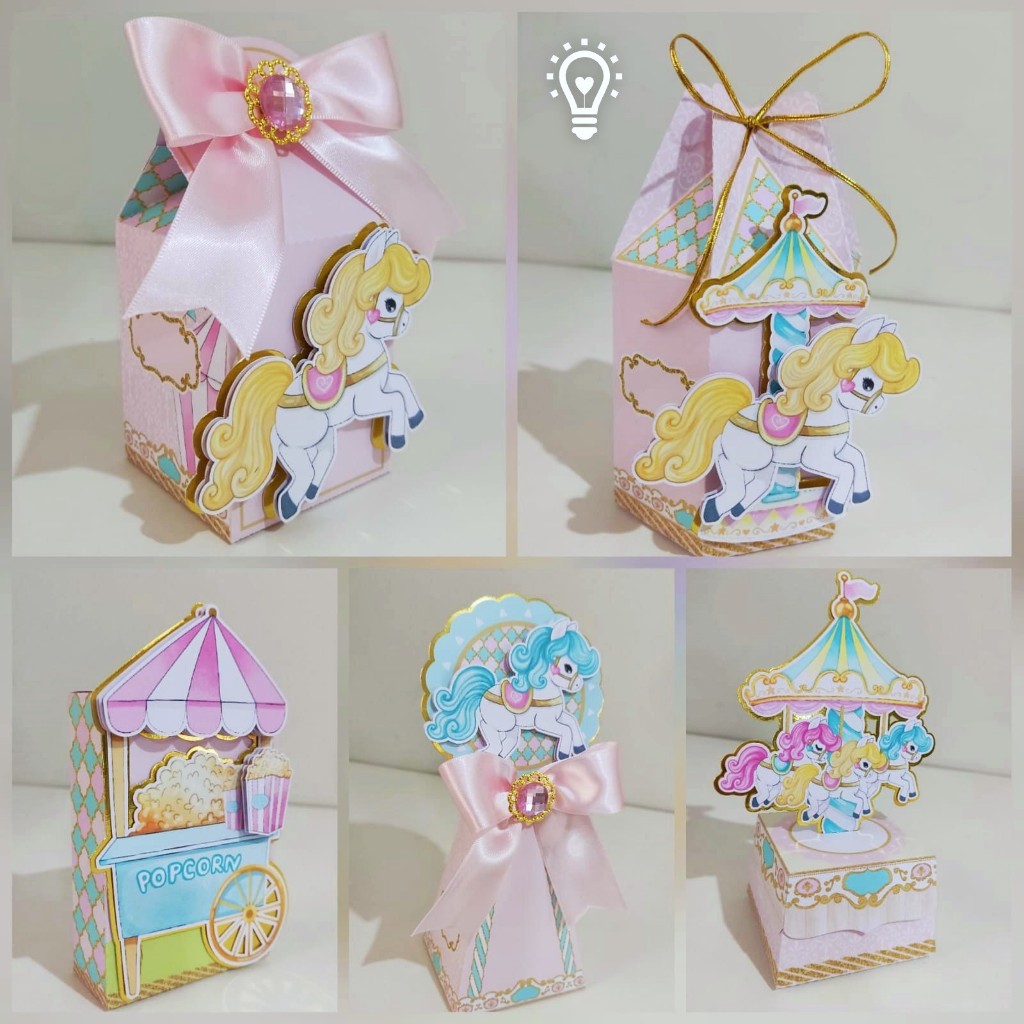 Caixas Personalizadas Carrossel Cute Com Aplique Laminado Dourado 3D