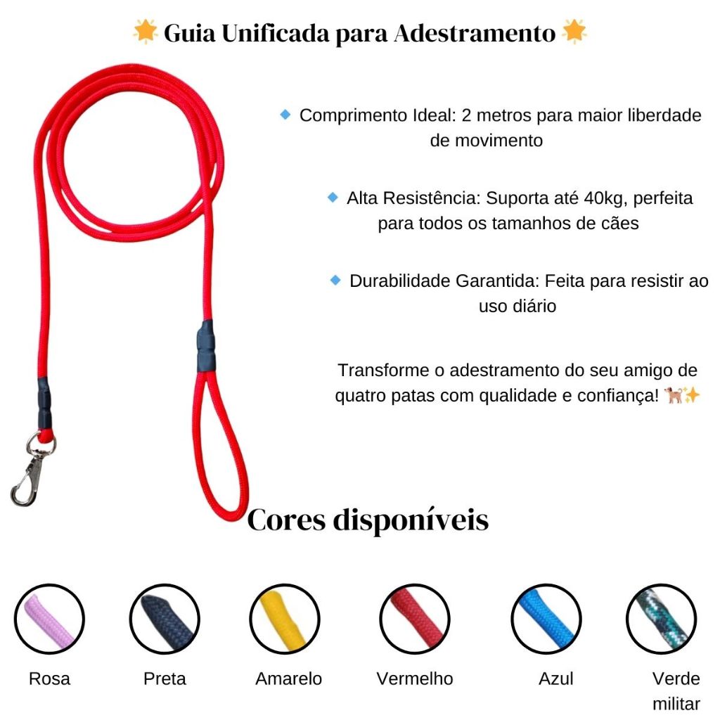 Guia de Cachorro Reforçada De 2 Metros Em Corda Vermelha Para Cachorros