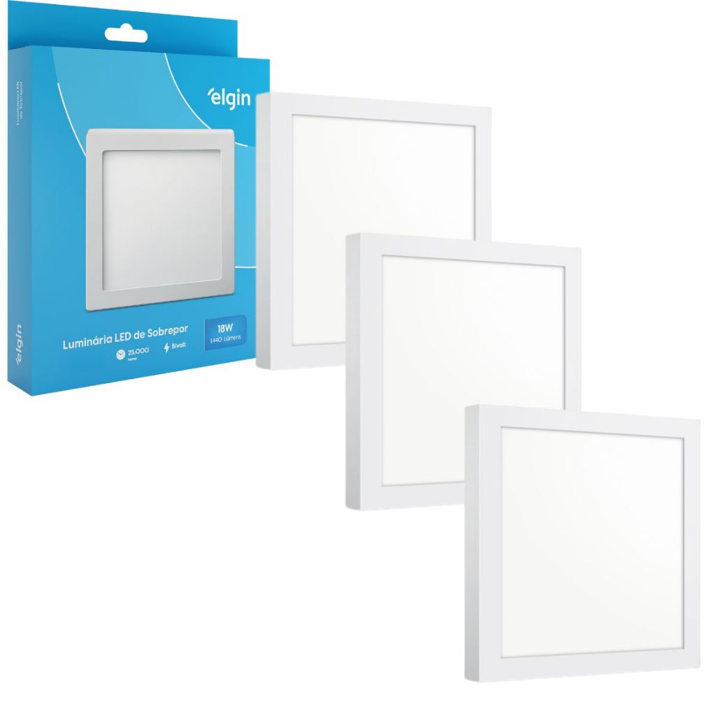Kit 3 Luminária Painel Plafon Sobrepor Quadrado Led 18w Bivolt ELGIN em Oferta na Shopee