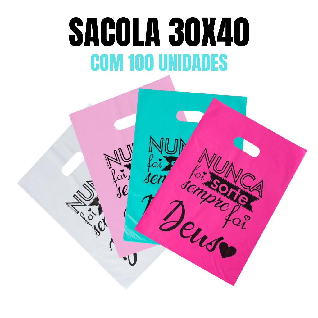 100 un Sacolas com Frases 30x40 / Sacolas Estampadas / Sacolas Decoradas para Loja / Alça Vazada / Boca de palhaço