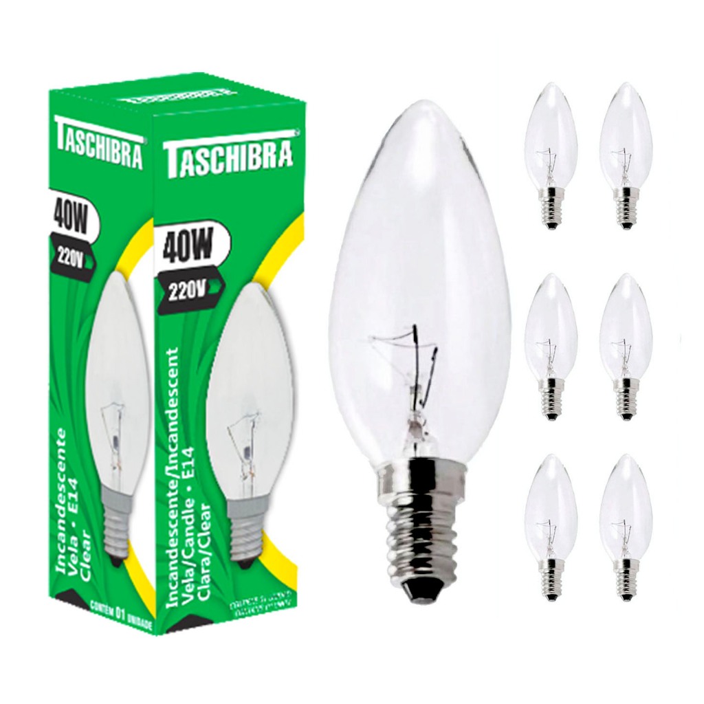 Kit 10 Lâmpadas Incandescente Vela Vidro Claro 40W 220V E14 Taschibra em Oferta na Shopee