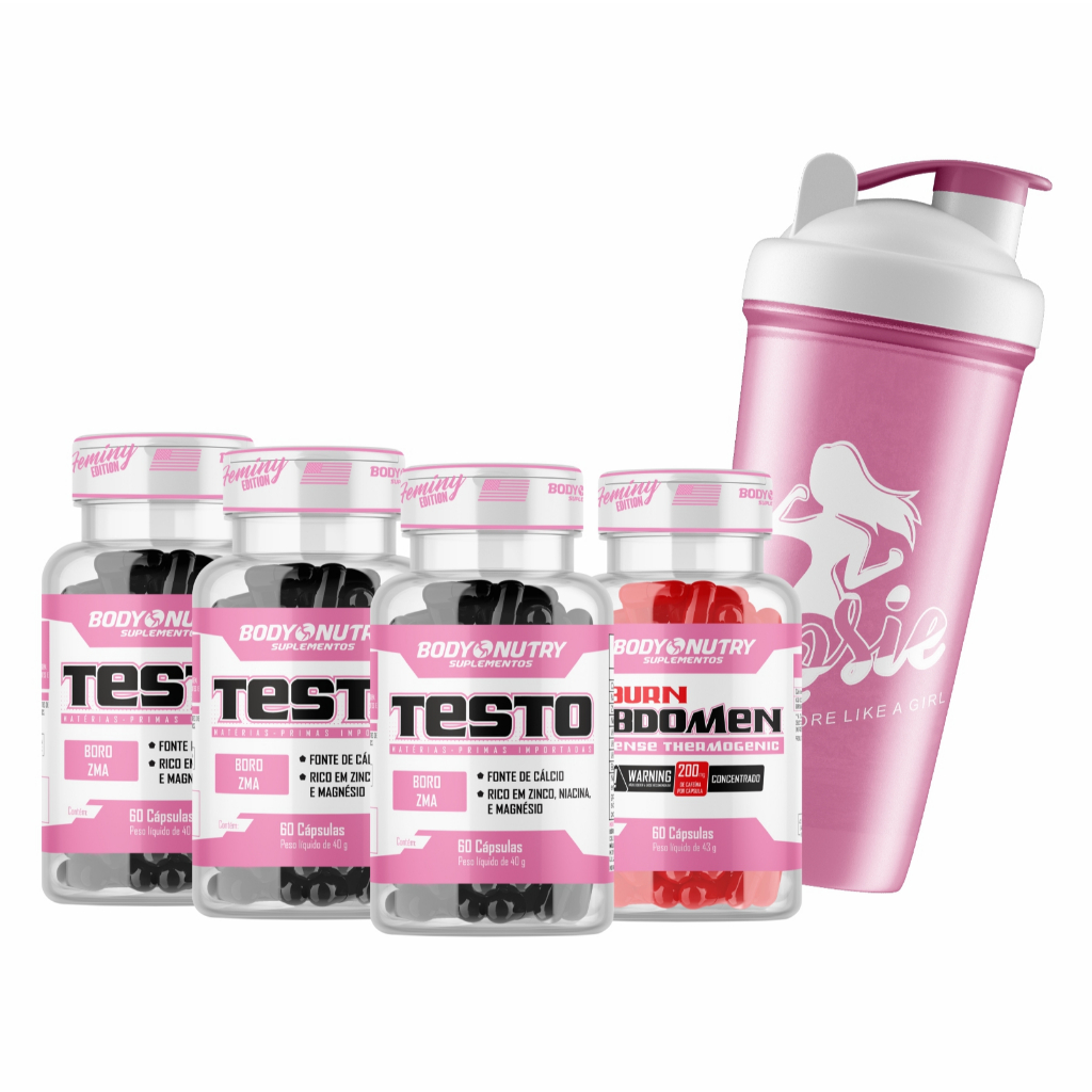 Kit Testo Feminy 180 cápsulas (ZInco, Boro, Magnésio, ZMA) + Cafeina Burn Feminy + Coqueteleira em Oferta na Shopee
