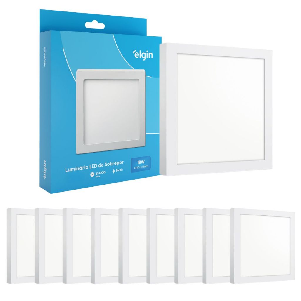 Kit 9 Luminária Painel Plafon Sobrepor Quadrado Led 18w Bivolt ELGIN - Home & Living