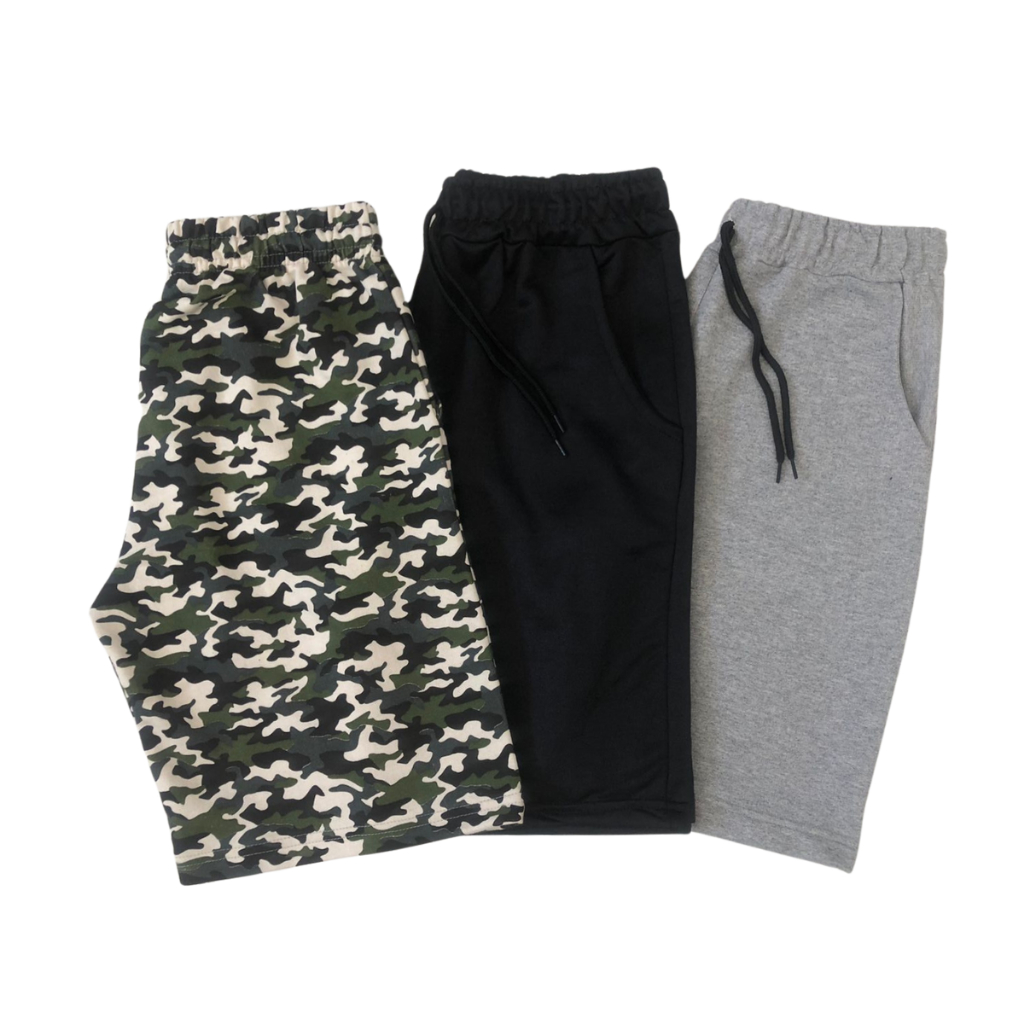 Kit 3 Bermuda Masculina Moletom Lisa Academia Treino