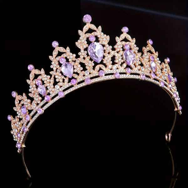 Tiara de Coroa de Princesa ROXA COM DOURADO de Liga de Zinco Elegante - Desenho de Conta de Vidro