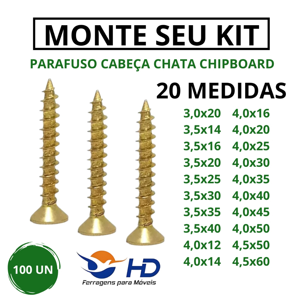 Monte seu Kit De Parafuso Chipboard Phillips Para Madeira MDF Varias Medidas 100un.