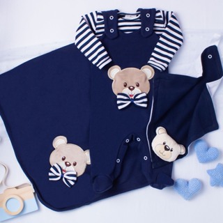 Saída de Maternidade Bebê Menino 100% Algodão Marinho com Bordado de Ursinho com Gravata com Naninha em Oferta na Shopee