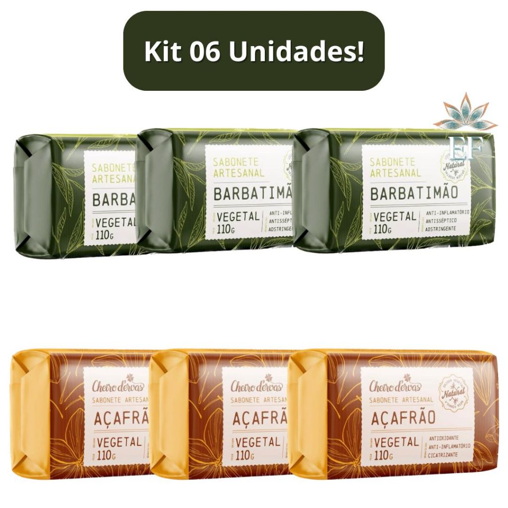 Kit 6 Unidades: 3 Sabonete BARBATIMÃO em Barra 110g + Sabonete Açafrão 110g Cheiro D Ervas