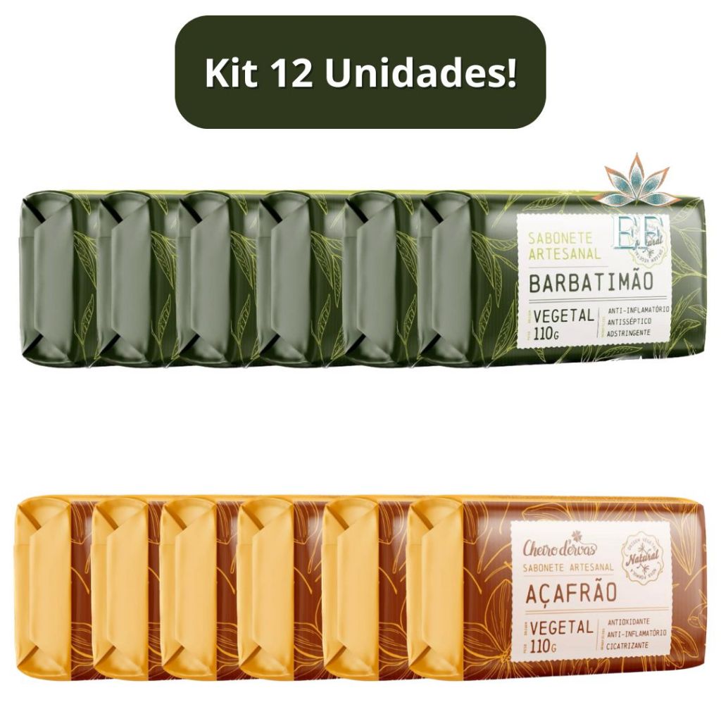 Kit 12 Unidades: 6 Sabonete BARBATIMÃO em Barra 110g + Sabonete Açafrão 110g Cheiro D Ervas