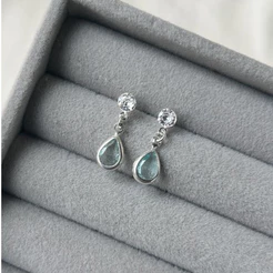 Brinco Prata 925 Zircônia Redonda Pingente Gota Pedra Embutida Azul