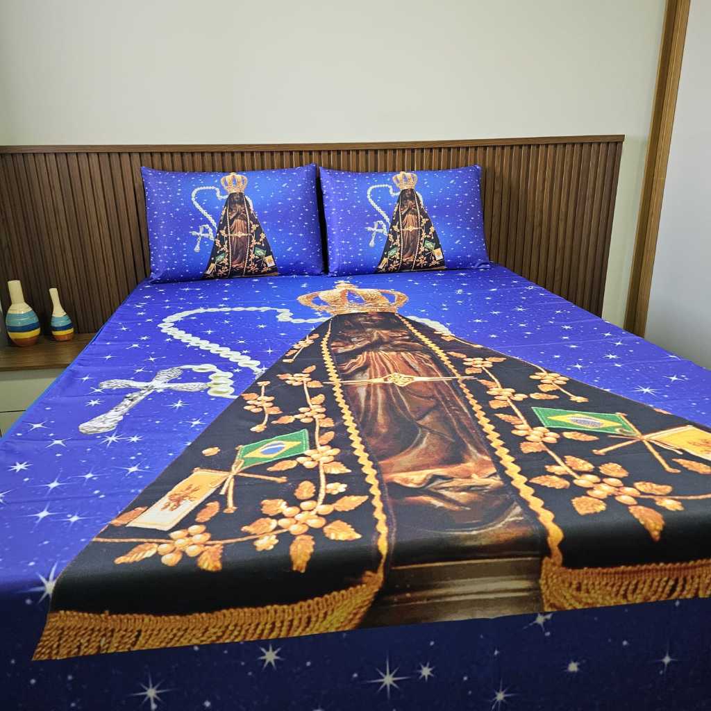Lençol 2 E 3 Peças Roupa De Cama Nossa Senhora Aparecida- Presente Fé Cristão Católico