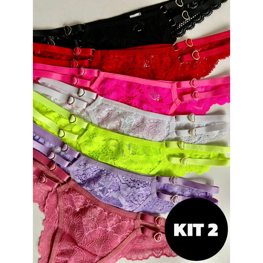 Kit até 5 Calcinhas Tanga Lingerie com Duas Alças Coração Regulagem Feminino