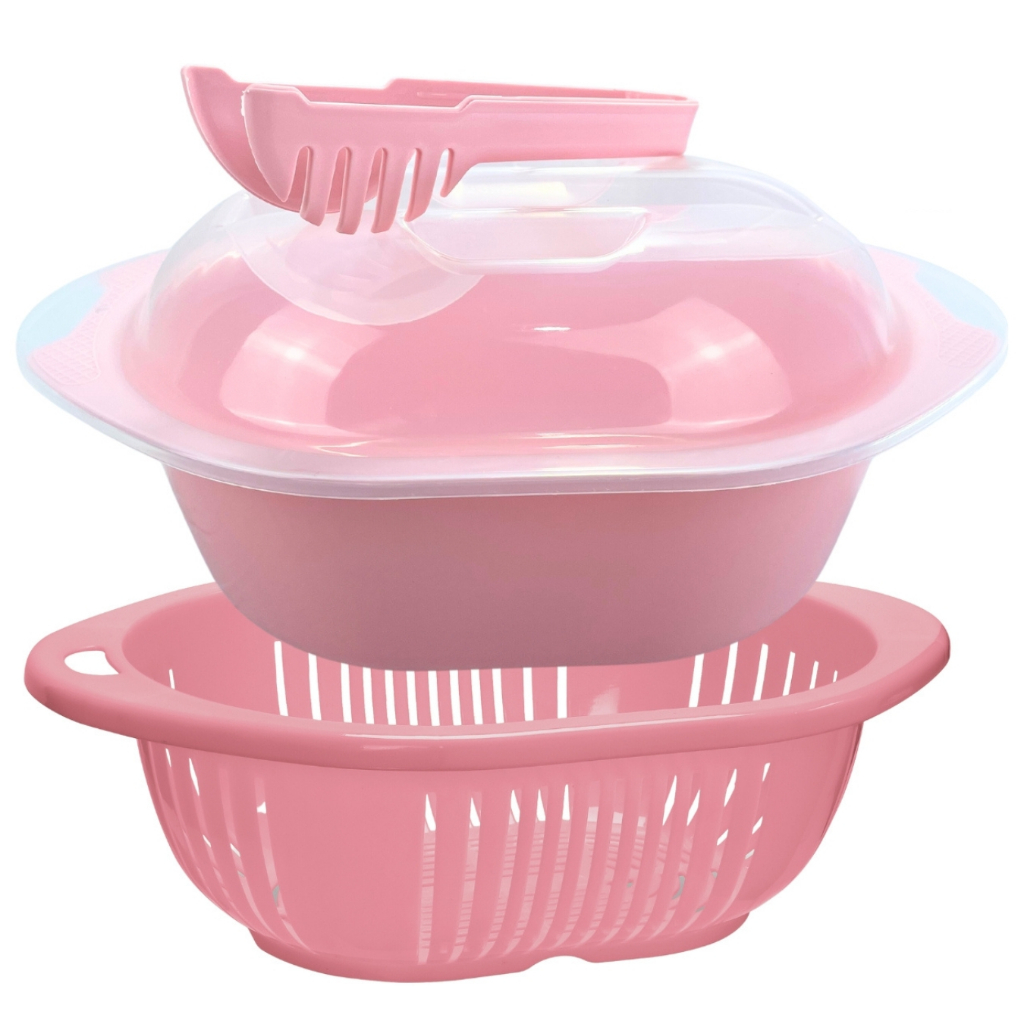 Kit Saladeira e Escorredor Rosa 3 Litros com Tampa e Pegador Vasilha para Salada Livre de ...