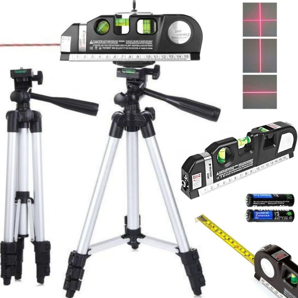 Nível a laser 3 linhas profissional + tripé suporte nivelador régua trena bolha vertical horizontal
