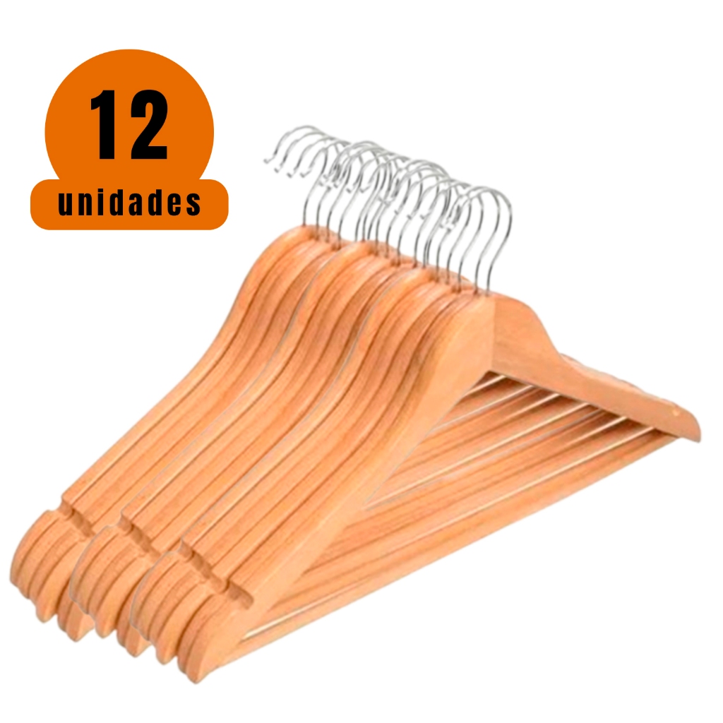 Kit 12 Cabides Madeira Premium para Roupas Marfim para Roupas calça, bermuda, camisa, vestido  blusa