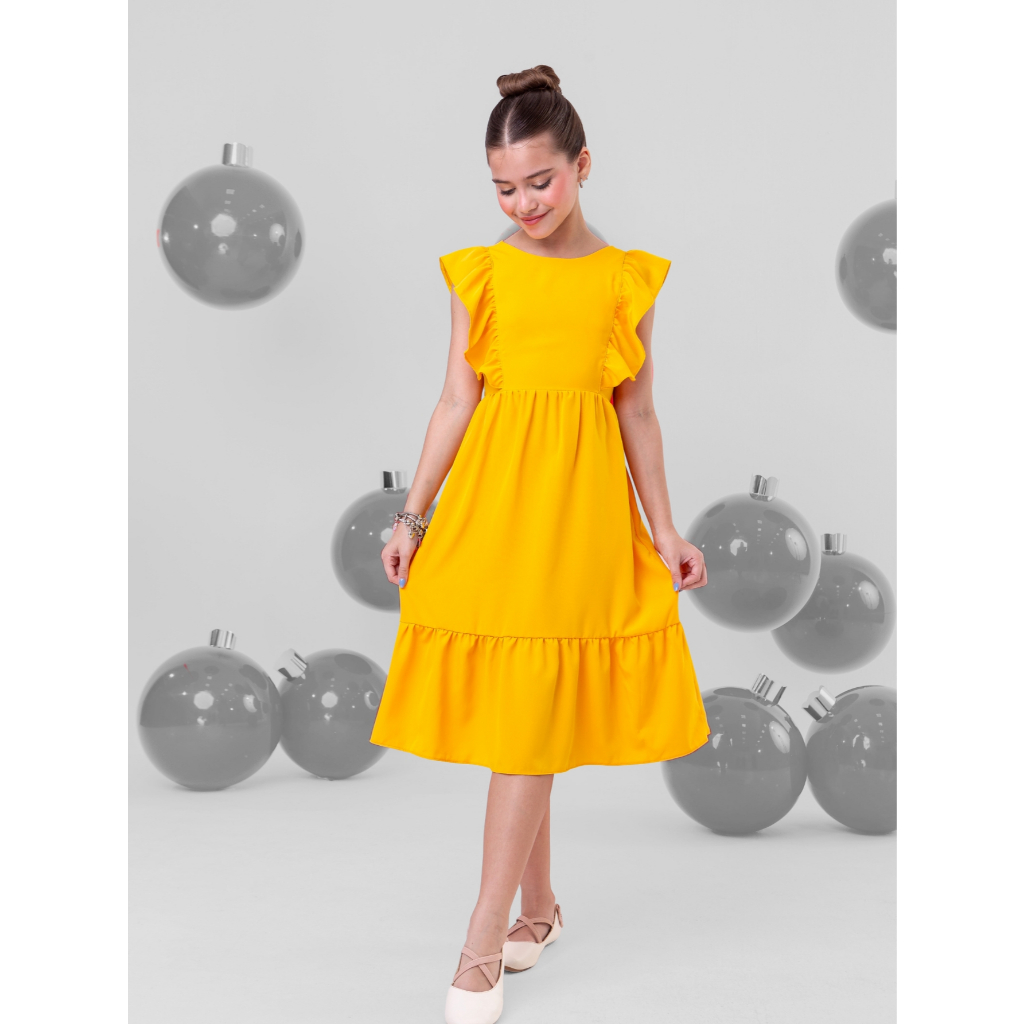 Vestido Amarelo Babados Estampado Infantil Juvenil, Roupa Menina tam 4, 6, 8, 10, 12, Envio Imediato