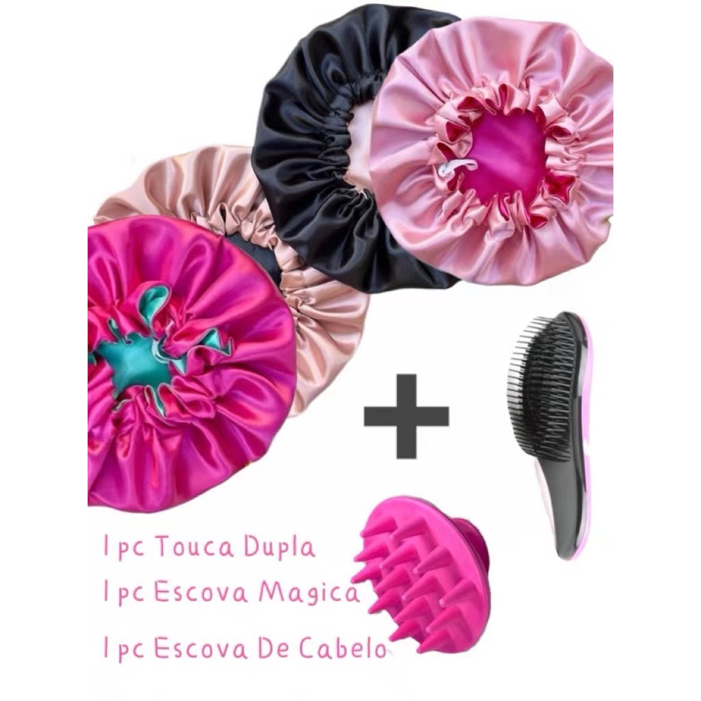 1 touca de cetim dupla face Ajustável + 1 Escova Mágica+1 Escova para massageador cabelo silicone