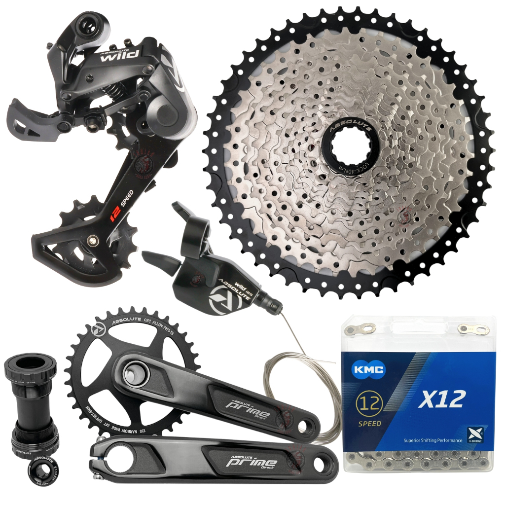 GRUPO RELAÇÃO ABSOLUTE WILD 2 1X12V 12V K7 11/50 + PEDIVELA PRIME INTEGRADO 34D + CORRENTE KMC PRATA