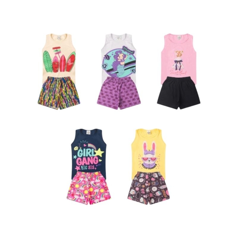 Kit 6 Peças roupa infantil feminina 3 regatas + 3 shorts  sortidos tamanhos 1 ao 14