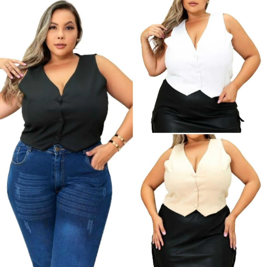 Kit 3 Coletinho Curto Plus Size Feminino Social Com Botões Chic Promoção Melhor Preço em Oferta na Shopee