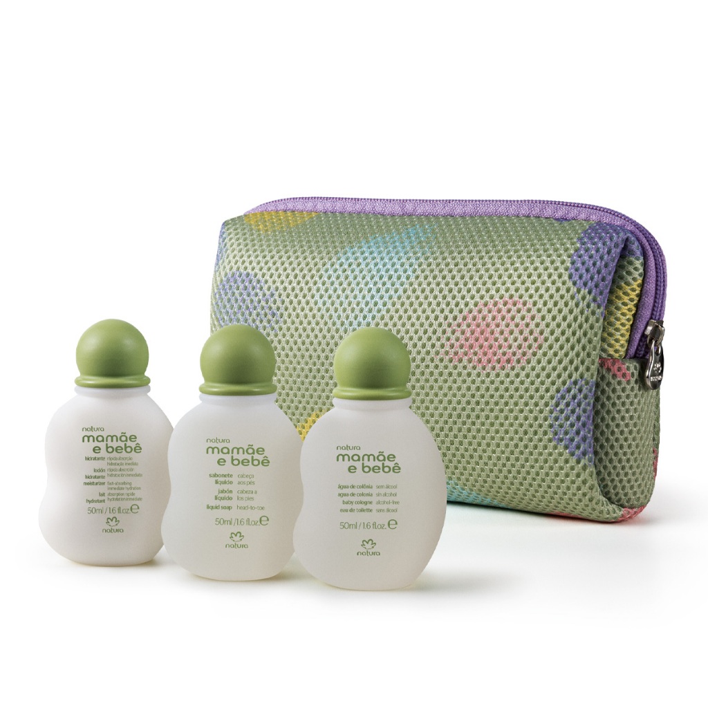 Kit Miniatura Mamãe e Bebê Agua de colonia 50 ml, Hidratante 50 ml,sabonete Liquido 50 ml e Necessarie