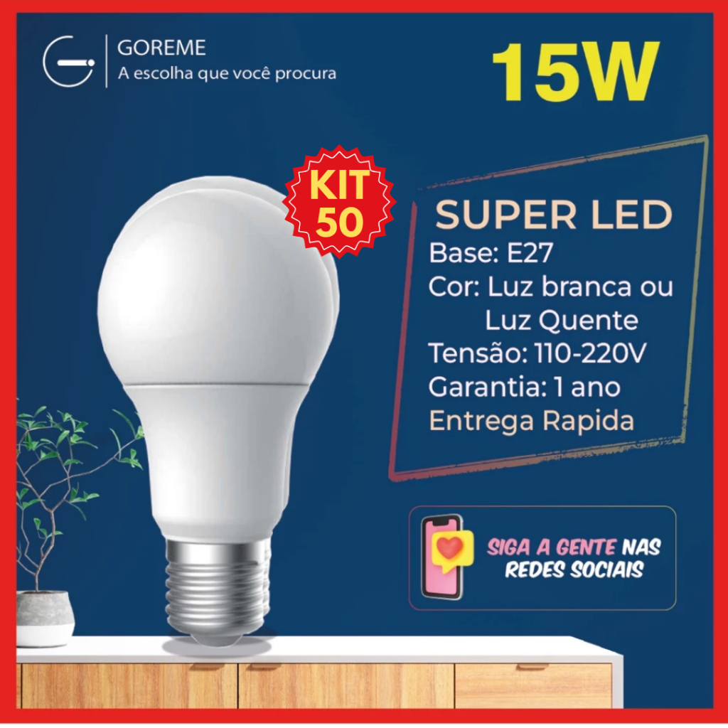 50 Lâmpada Led Bulbo 15w Branco Frio 6.500K (Luz Branca) | Branco Quente 3.200K (Luz Amarela) |  Bivolt E27 em Oferta na Shopee
