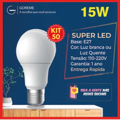 50 Lâmpada Led Bulbo 15w Branco Frio 6.500K (Luz Branca) | Branco Quente 3.200K (Luz Amarela) | Bivolt E27