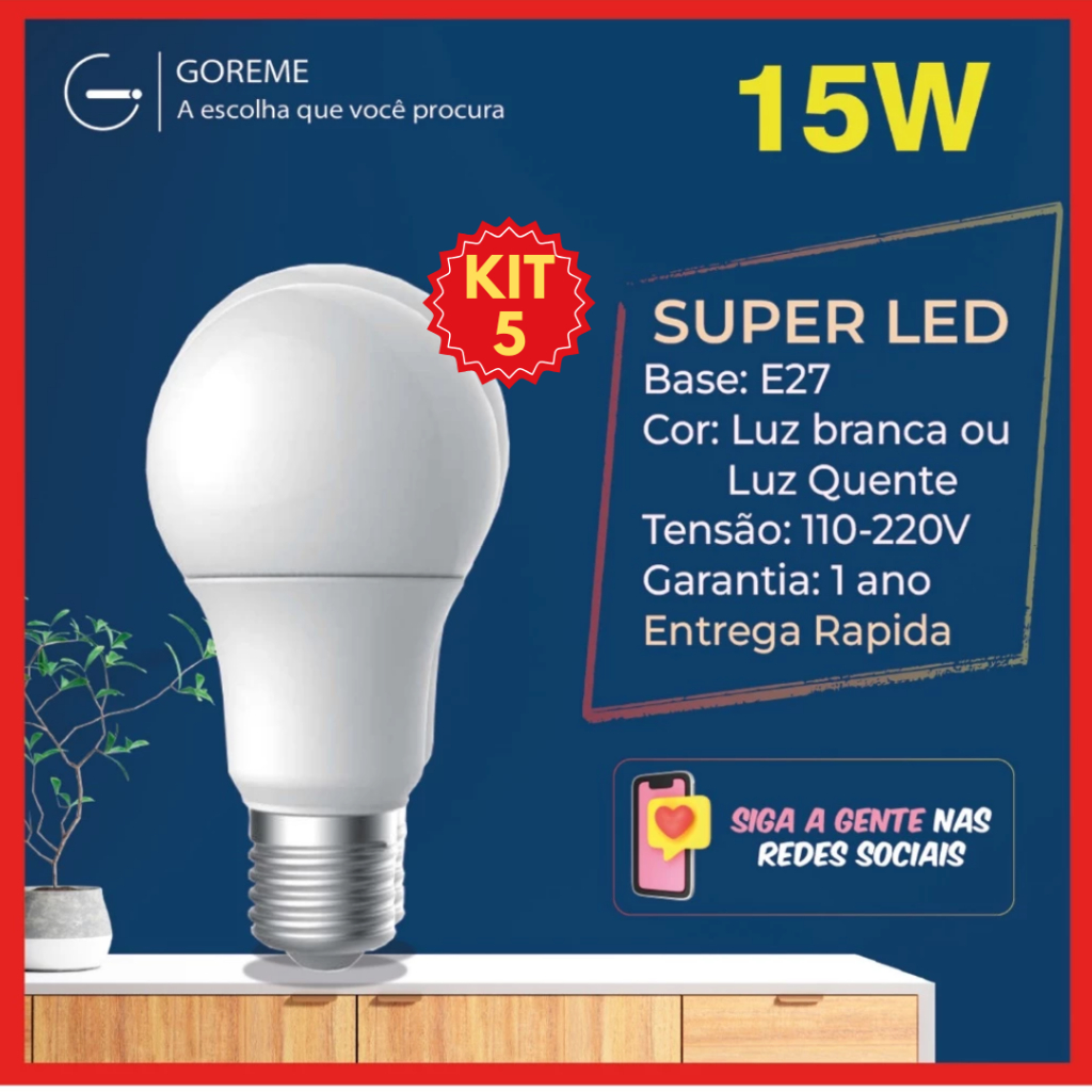 5 Lâmpada Led Bulbo 15w Branco Frio 6.500K (Luz Branca) | Bivolt E27