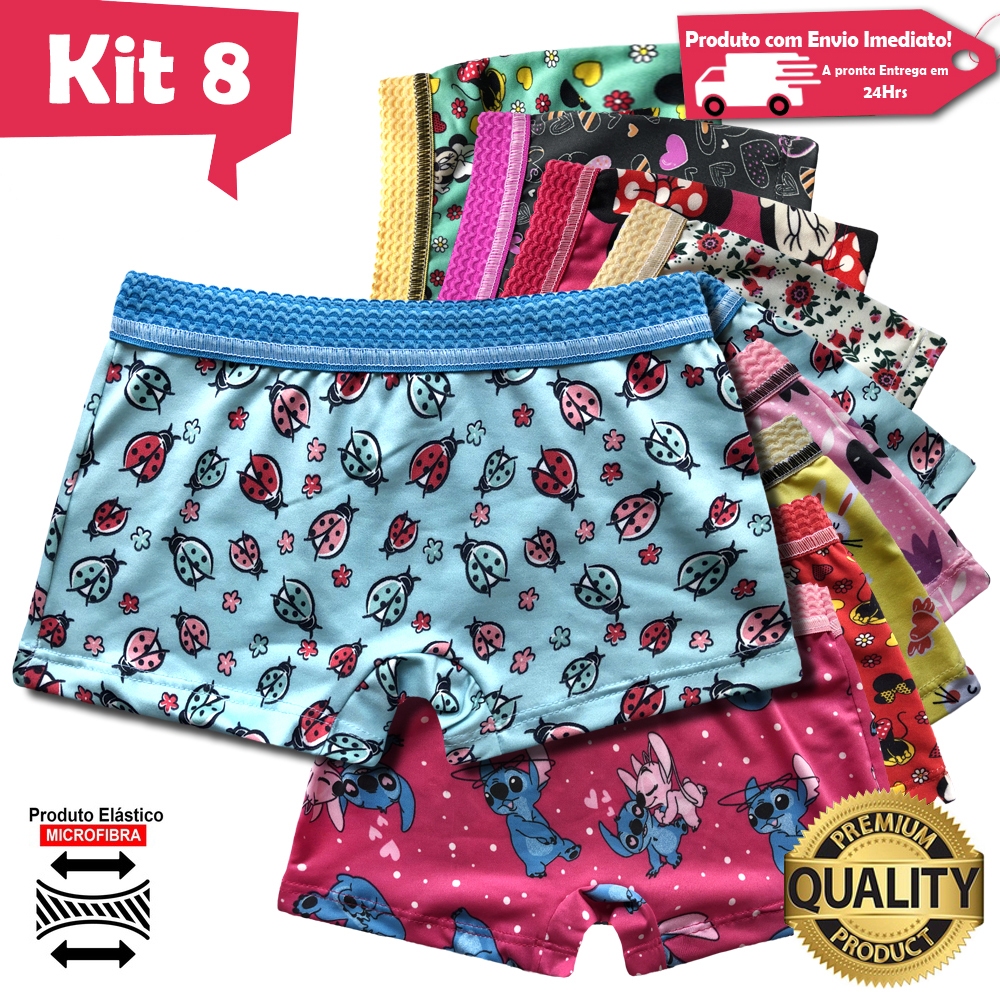 Kit 8 Calcinhas Shortinho Box Infantil Menina Microfibra Estampada