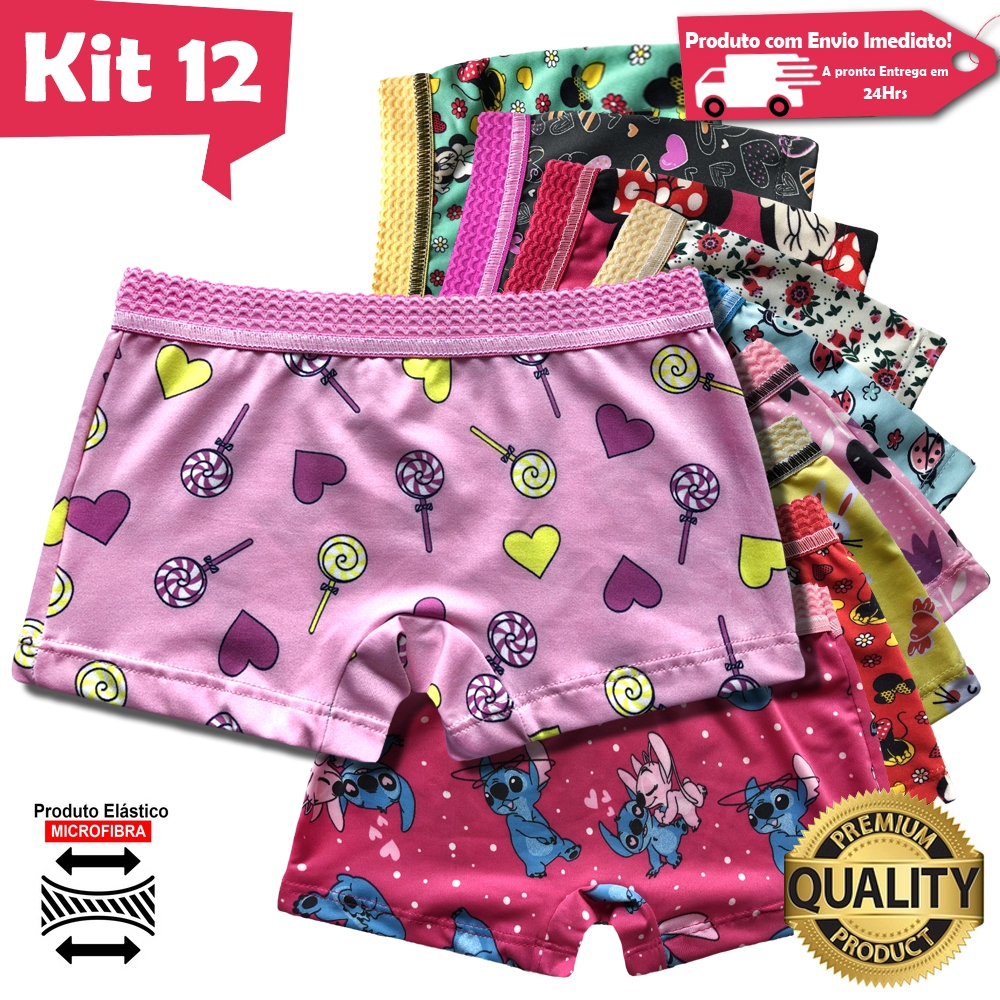 Kit 12 Calcinhas Shortinho Infantil Box Menina Microfibra Estampada