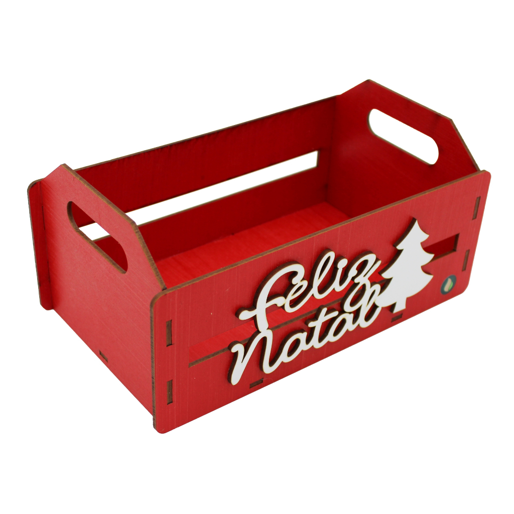 Caixote Laser Gel com aplique Feliz Natal Decoração Enfeite Natalino Lembrancinha - MDF (Vermelho)